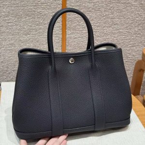 Hermes Garden Party 30 Bag Handmade In Negonda Calfskin Leather Silver Hardware 89 Noir
