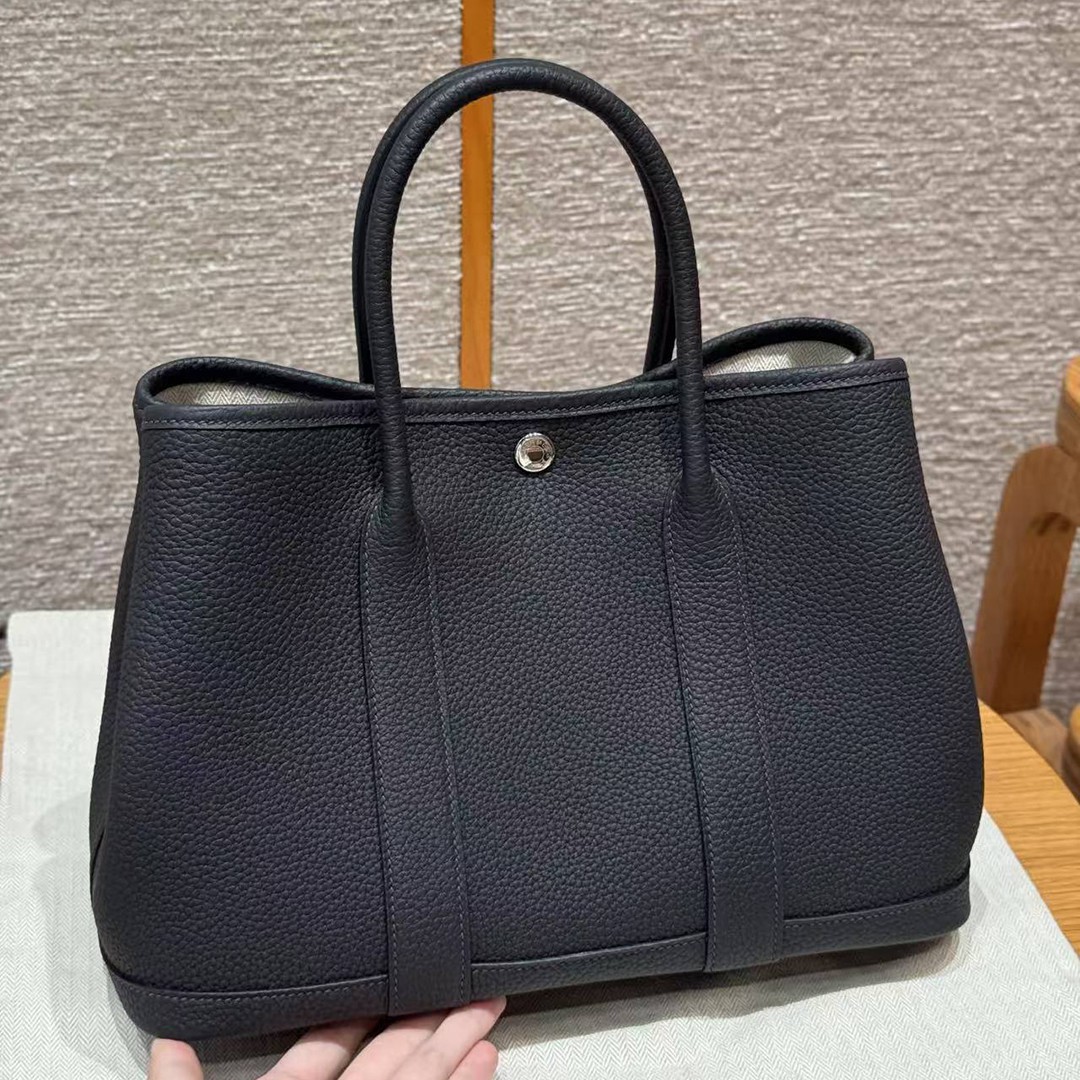 Hermes Garden Party 30 Bag Handmade In Negonda Calfskin Leather Silver Hardware 89 Noir