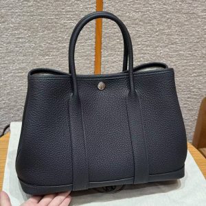 Hermes Garden Party 30 Bag Handmade In Negonda Calfskin Leather Silver Hardware 89 Noir - Image 2