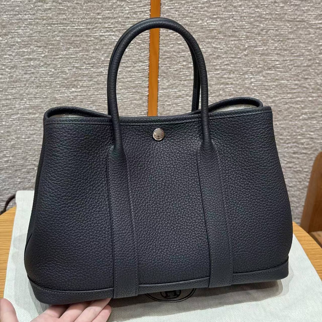 Hermes Garden Party 30 Bag Handmade In Negonda Calfskin Leather Silver Hardware 89 Noir - Image 2