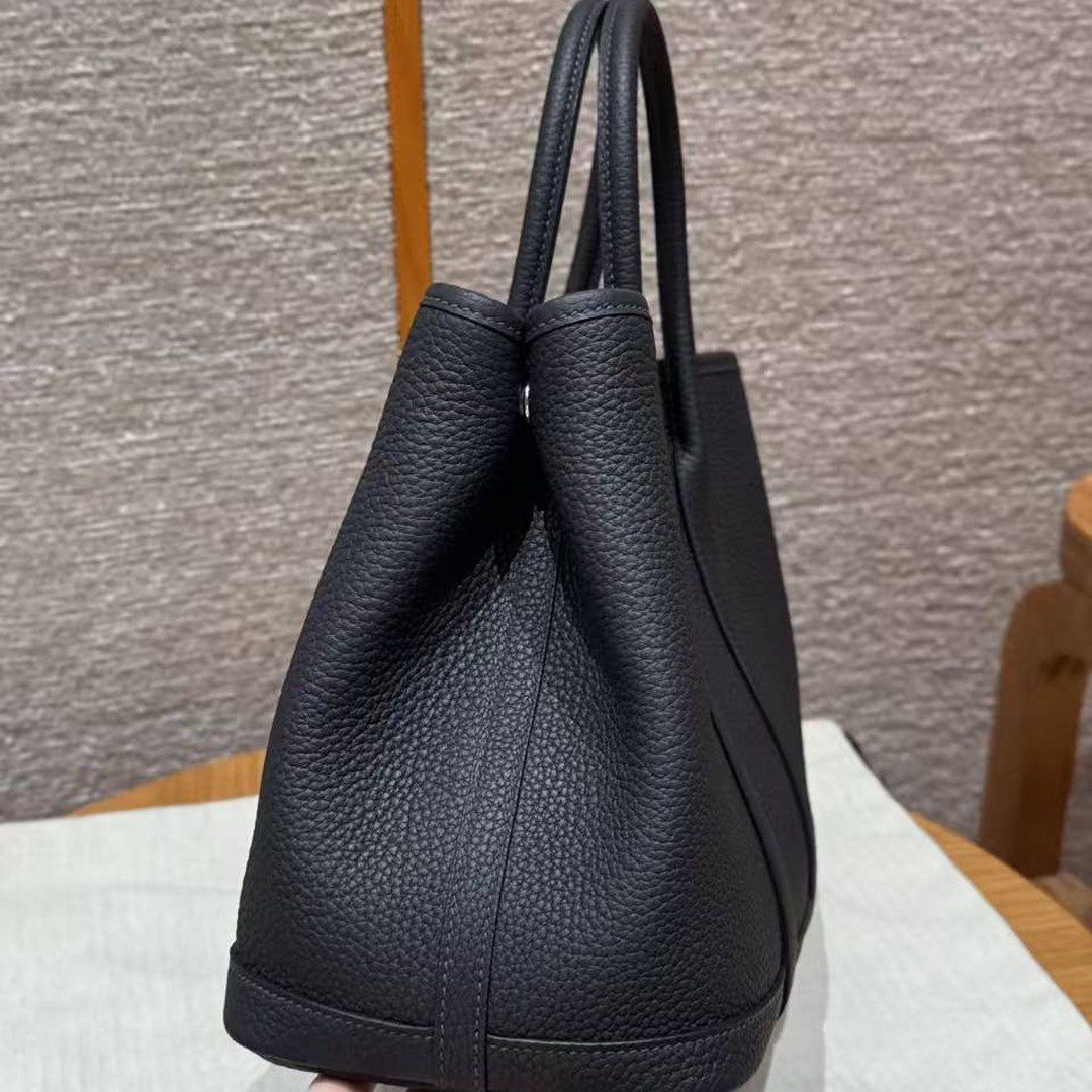 Hermes Garden Party 30 Bag Handmade In Negonda Calfskin Leather Silver Hardware 89 Noir - Image 17