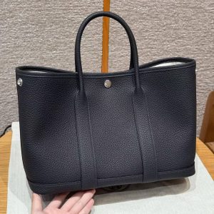Hermes Garden Party 30 Bag Handmade In Negonda Calfskin Leather Silver Hardware 89 Noir - Image 15