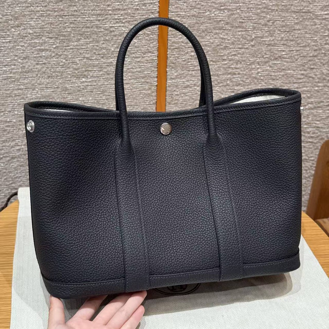 Hermes Garden Party 30 Bag Handmade In Negonda Calfskin Leather Silver Hardware 89 Noir - Image 15