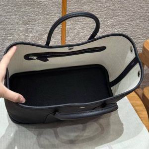 Hermes Garden Party 30 Bag Handmade In Negonda Calfskin Leather Silver Hardware 89 Noir - Image 14