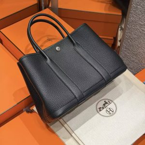 Hermes Garden Party 30 Bag Handmade In Negonda Calfskin Leather Silver Hardware 89 Noir - Image 10