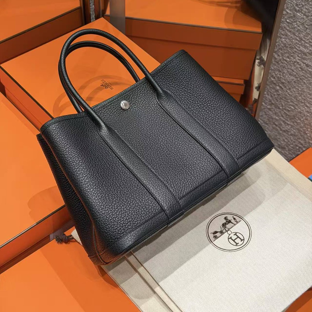 Hermes Garden Party 30 Bag Handmade In Negonda Calfskin Leather Silver Hardware 89 Noir - Image 10