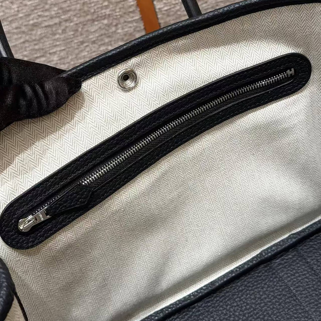Hermes Garden Party 30 Bag Handmade In Negonda Calfskin Leather Silver Hardware 89 Noir - Image 7