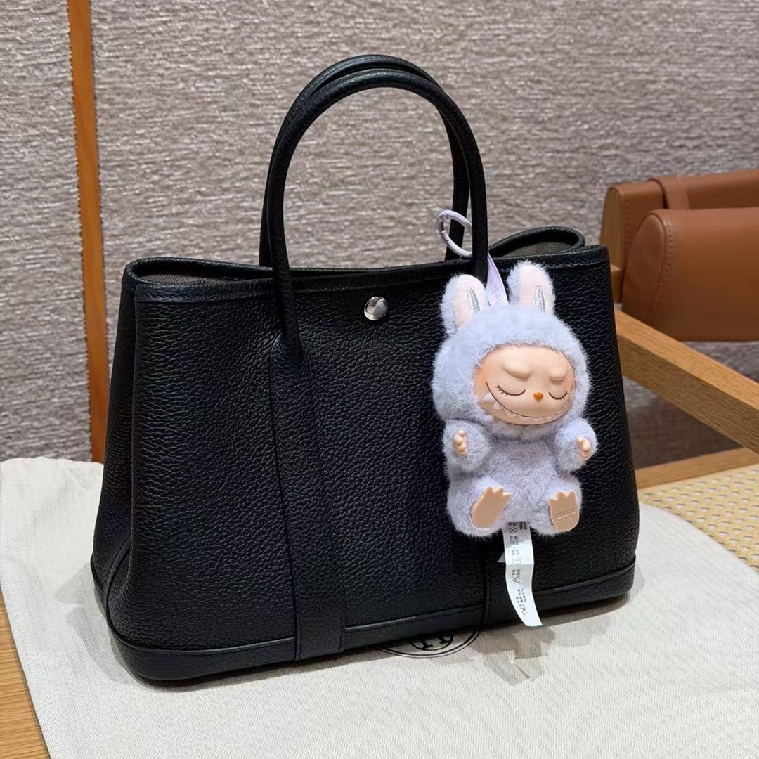 Hermes Garden Party 30 Bag Handmade In Negonda Calfskin Leather Silver Hardware 89 Noir - Image 3