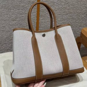 Hermes Garden Party 30 Bag Handmade In Negonda Calfskin Leather And Canvas Silver Hardware 8L Beton 37 Gold