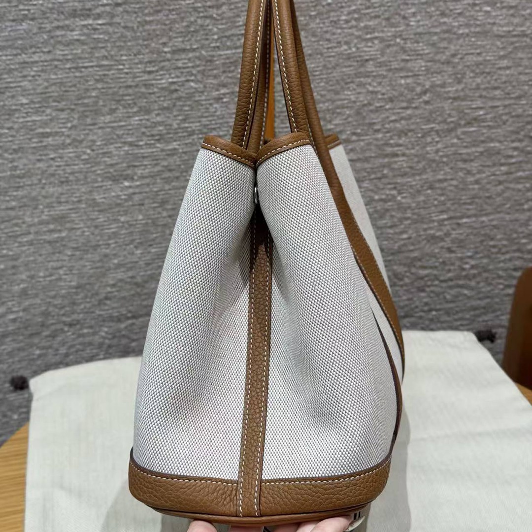 Hermes Garden Party 30 Bag Handmade In Negonda Calfskin Leather And Canvas Silver Hardware 8L Beton 37 Gold - Image 2
