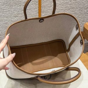 Hermes Garden Party 30 Bag Handmade In Negonda Calfskin Leather And Canvas Silver Hardware 8L Beton 37 Gold - Image 16