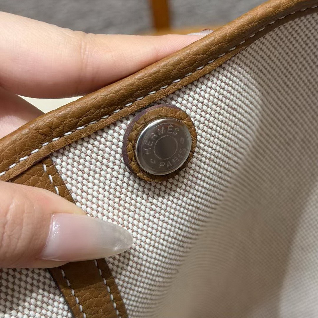 Hermes Garden Party 30 Bag Handmade In Negonda Calfskin Leather And Canvas Silver Hardware 8L Beton 37 Gold - Image 14