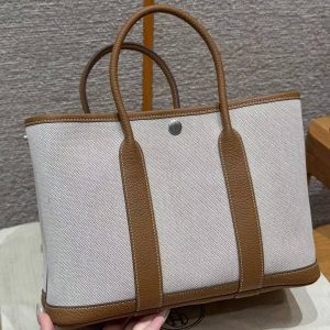 Hermes Garden Party 30 Bag Handmade In Negonda Calfskin Leather And Canvas Silver Hardware 8L Beton 37 Gold - Image 12