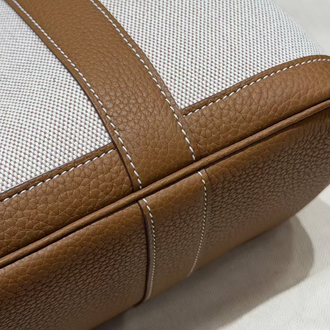 Hermes Garden Party 30 Bag Handmade In Negonda Calfskin Leather And Canvas Silver Hardware 8L Beton 37 Gold - Image 6
