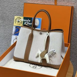 Hermes Garden Party 30 Bag Handmade In Negonda Calfskin Leather And Canvas Silver Hardware 8L Beton 37 Gold - Image 3