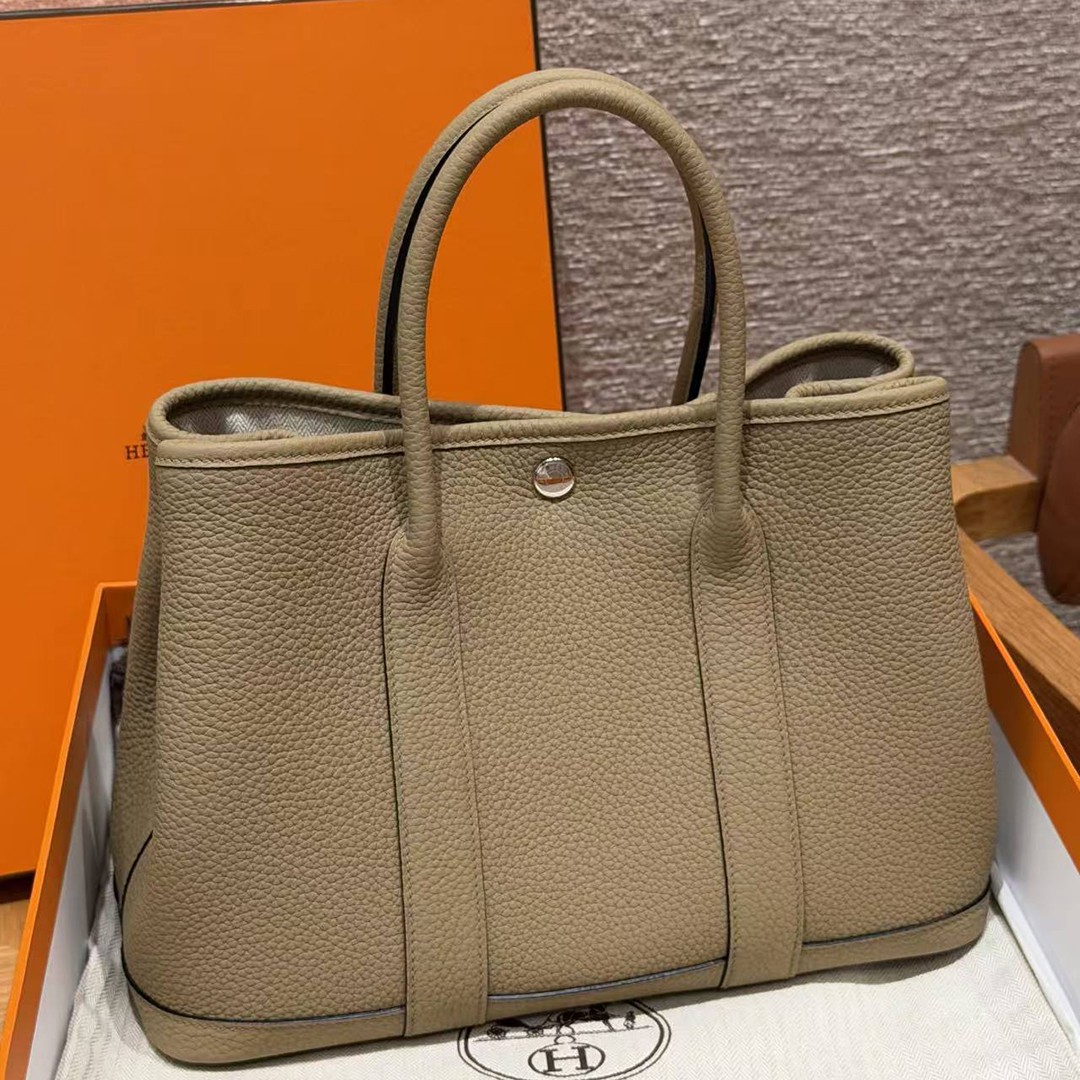 Hermes Garden Party 30 Bag Handmade In Negonda Calfskin Leather Silver Hardware 8Q Beige Marfa - Image 2