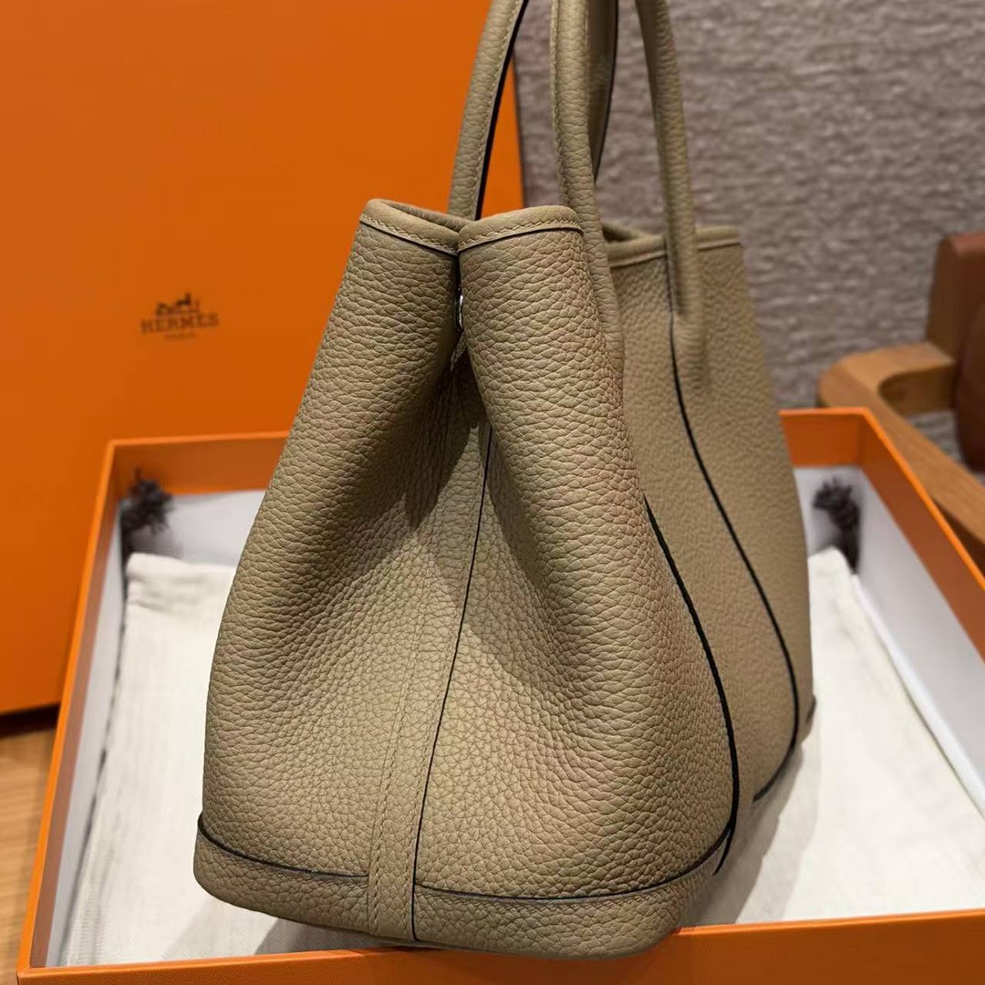 Hermes Garden Party 30 Bag Handmade In Negonda Calfskin Leather Silver Hardware 8Q Beige Marfa - Image 13
