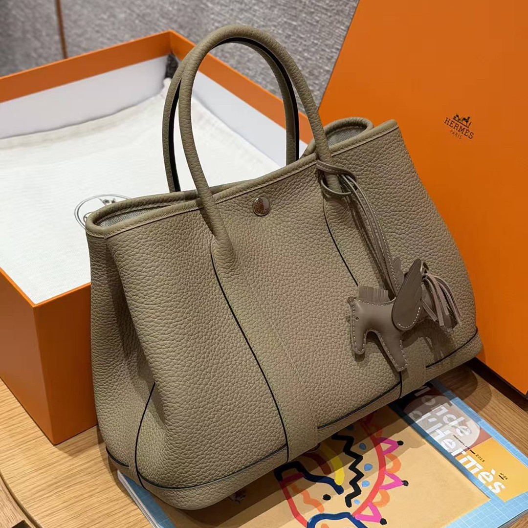 Hermes Garden Party 30 Bag Handmade In Negonda Calfskin Leather Silver Hardware 8Q Beige Marfa