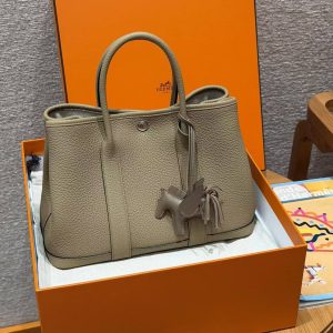 Hermes Garden Party 30 Bag Handmade In Negonda Calfskin Leather Silver Hardware 8Q Beige Marfa - Image 7