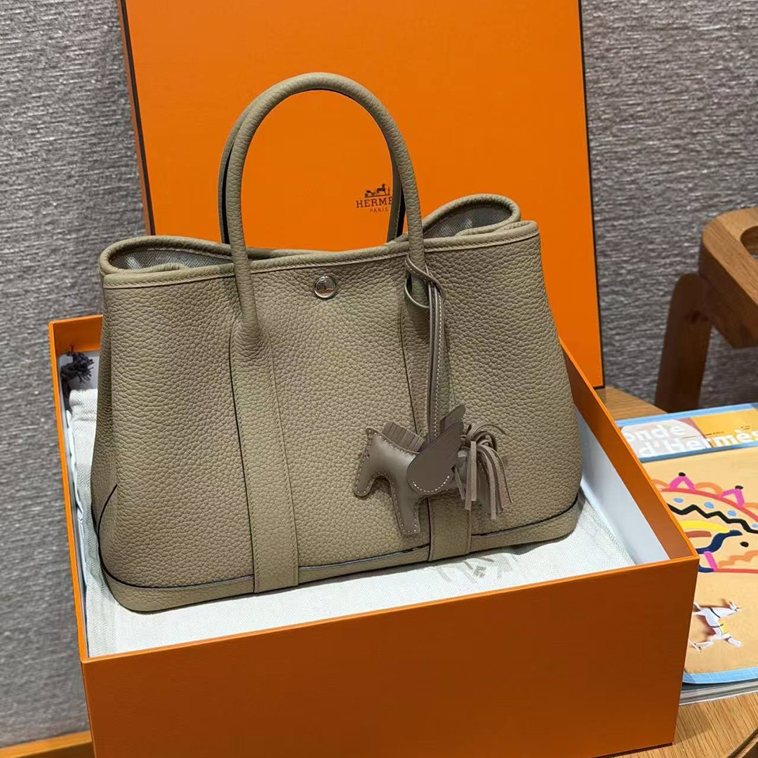 Hermes Garden Party 30 Bag Handmade In Negonda Calfskin Leather Silver Hardware 8Q Beige Marfa - Image 7