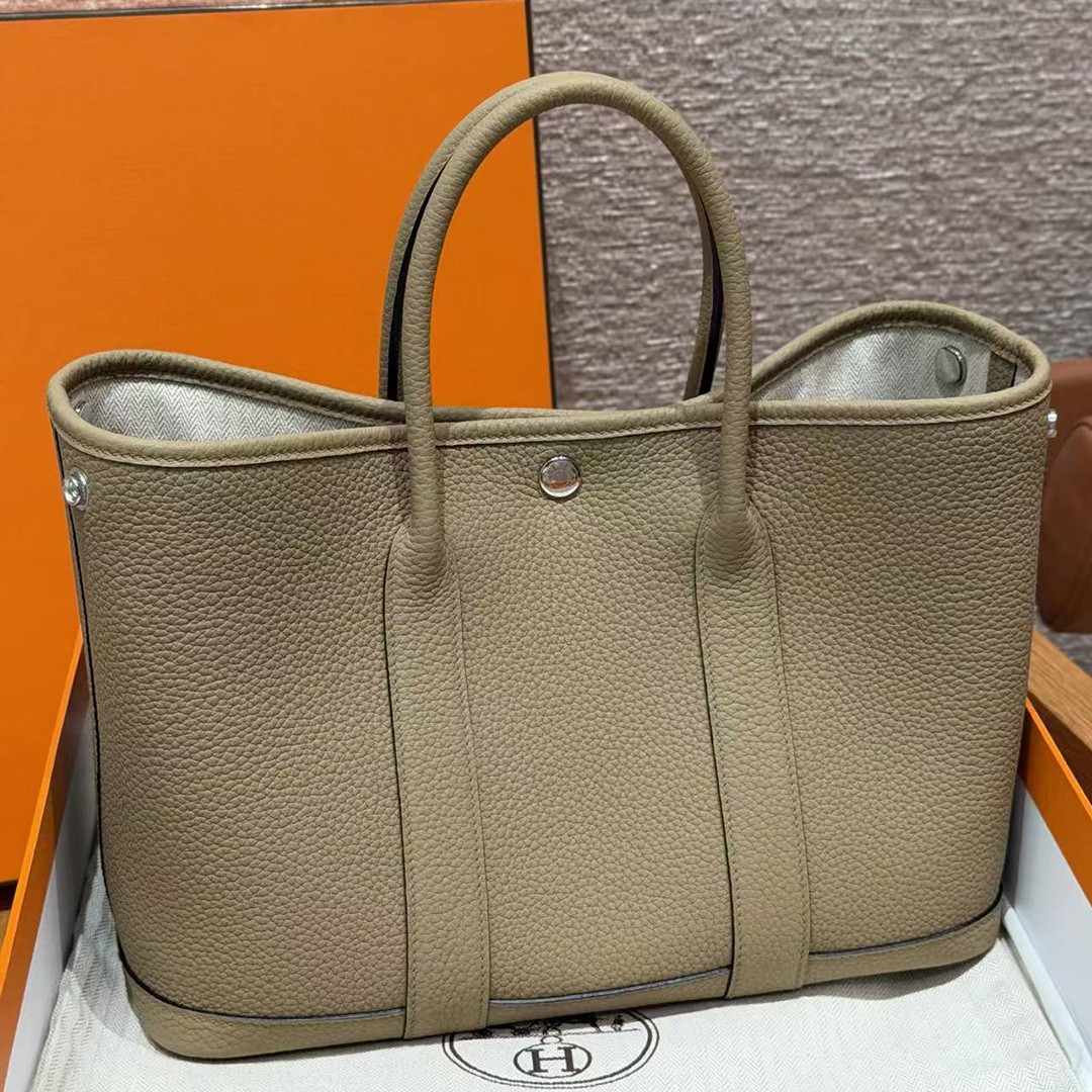 Hermes Garden Party 30 Bag Handmade In Negonda Calfskin Leather Silver Hardware 8Q Beige Marfa - Image 6