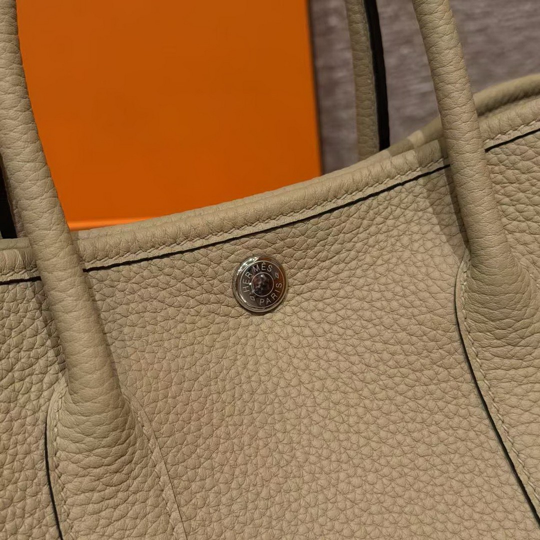 Hermes Garden Party 30 Bag Handmade In Negonda Calfskin Leather Silver Hardware 8Q Beige Marfa - Image 5