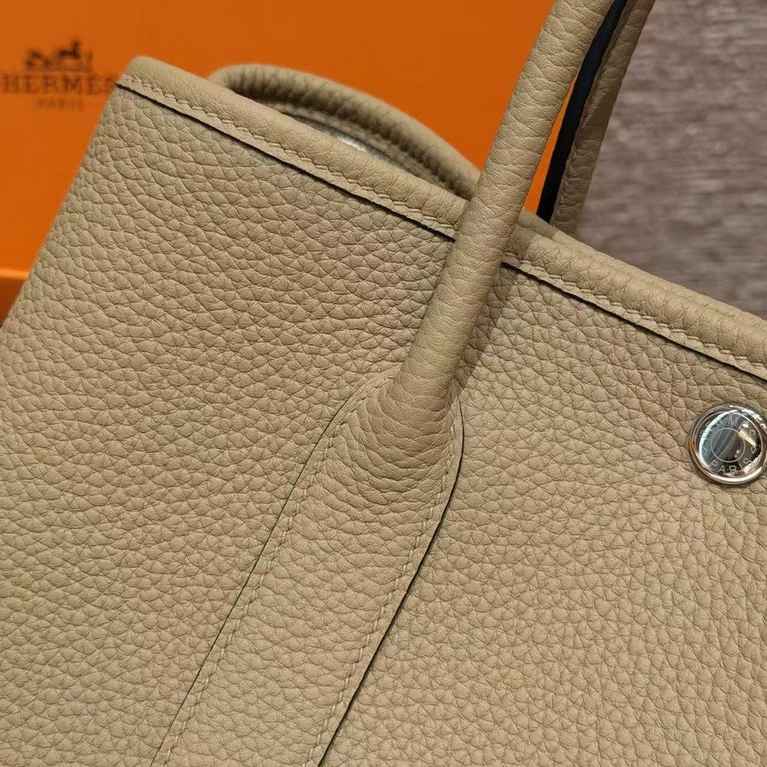 Hermes Garden Party 30 Bag Handmade In Negonda Calfskin Leather Silver Hardware 8Q Beige Marfa - Image 4