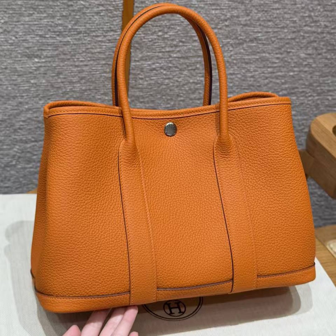Hermes Garden Party 30 Bag Handmade In Vache Country Calfskin Leather Silver Hardware 93 Orange - Image 2