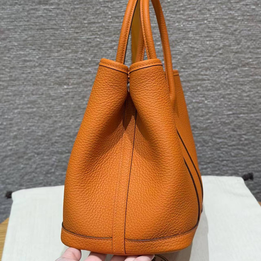 Hermes Garden Party 30 Bag Handmade In Vache Country Calfskin Leather Silver Hardware 93 Orange - Image 20