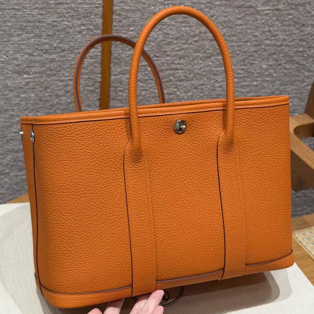 Hermes Garden Party 30 Bag Handmade In Vache Country Calfskin Leather Silver Hardware 93 Orange - Image 14