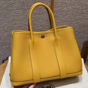 Hermes Garden Party 30 Bag Handmade In Negonda Calfskin Leather Silver Hardware 9D Jaune