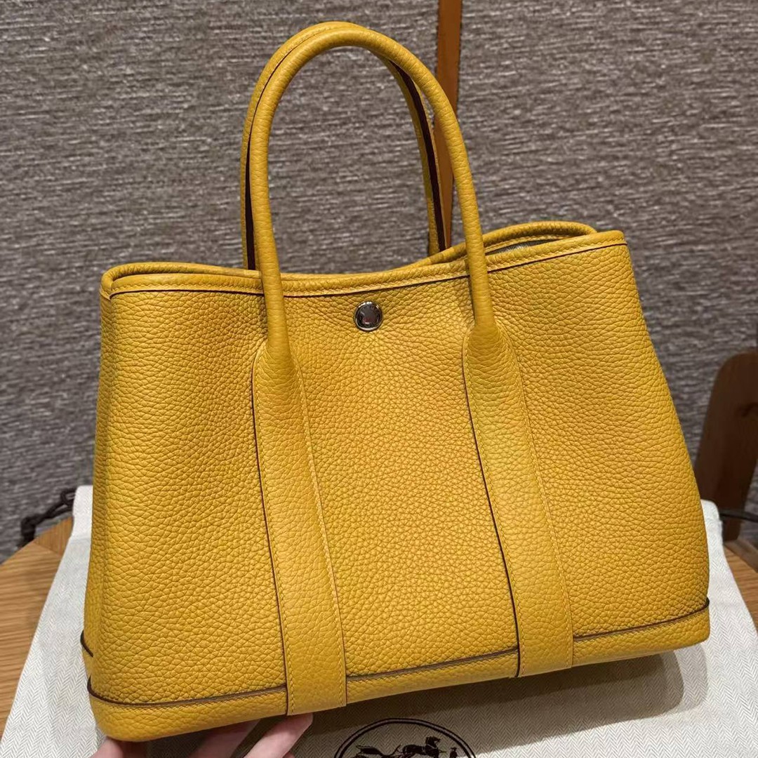 Hermes Garden Party 30 Bag Handmade In Negonda Calfskin Leather Silver Hardware 9D Jaune