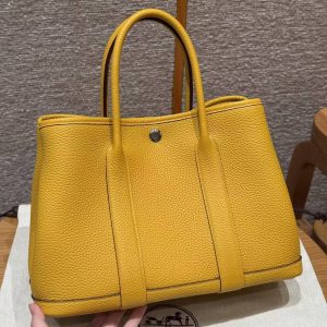 Hermes Garden Party 30 Bag Handmade In Negonda Calfskin Leather Silver Hardware 9D Jaune - Image 2