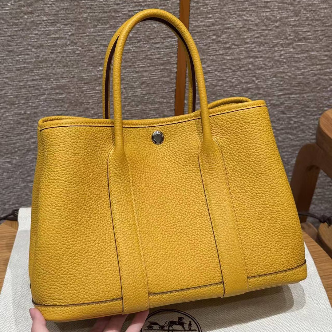 Hermes Garden Party 30 Bag Handmade In Negonda Calfskin Leather Silver Hardware 9D Jaune - Image 2