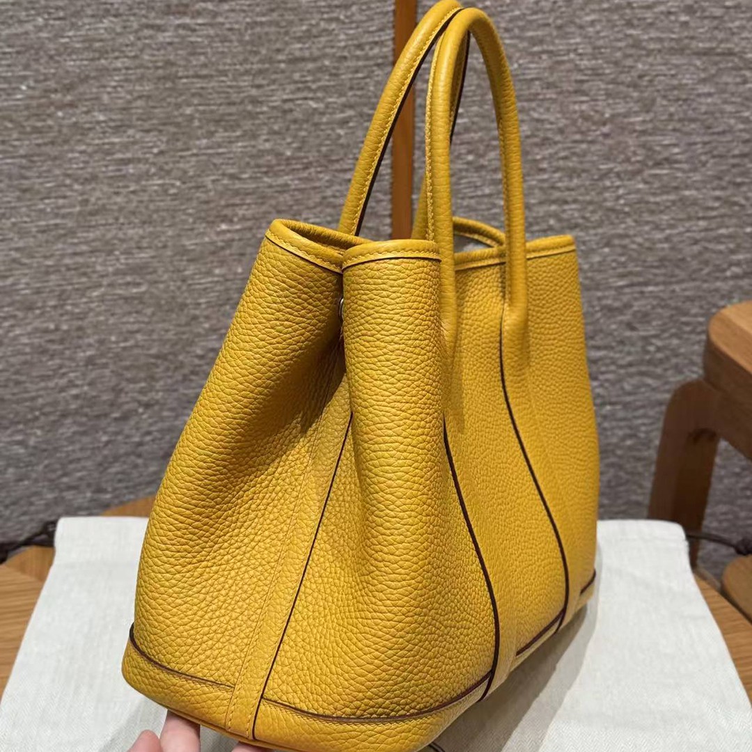 Hermes Garden Party 30 Bag Handmade In Negonda Calfskin Leather Silver Hardware 9D Jaune - Image 20