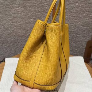 Hermes Garden Party 30 Bag Handmade In Negonda Calfskin Leather Silver Hardware 9D Jaune - Image 19