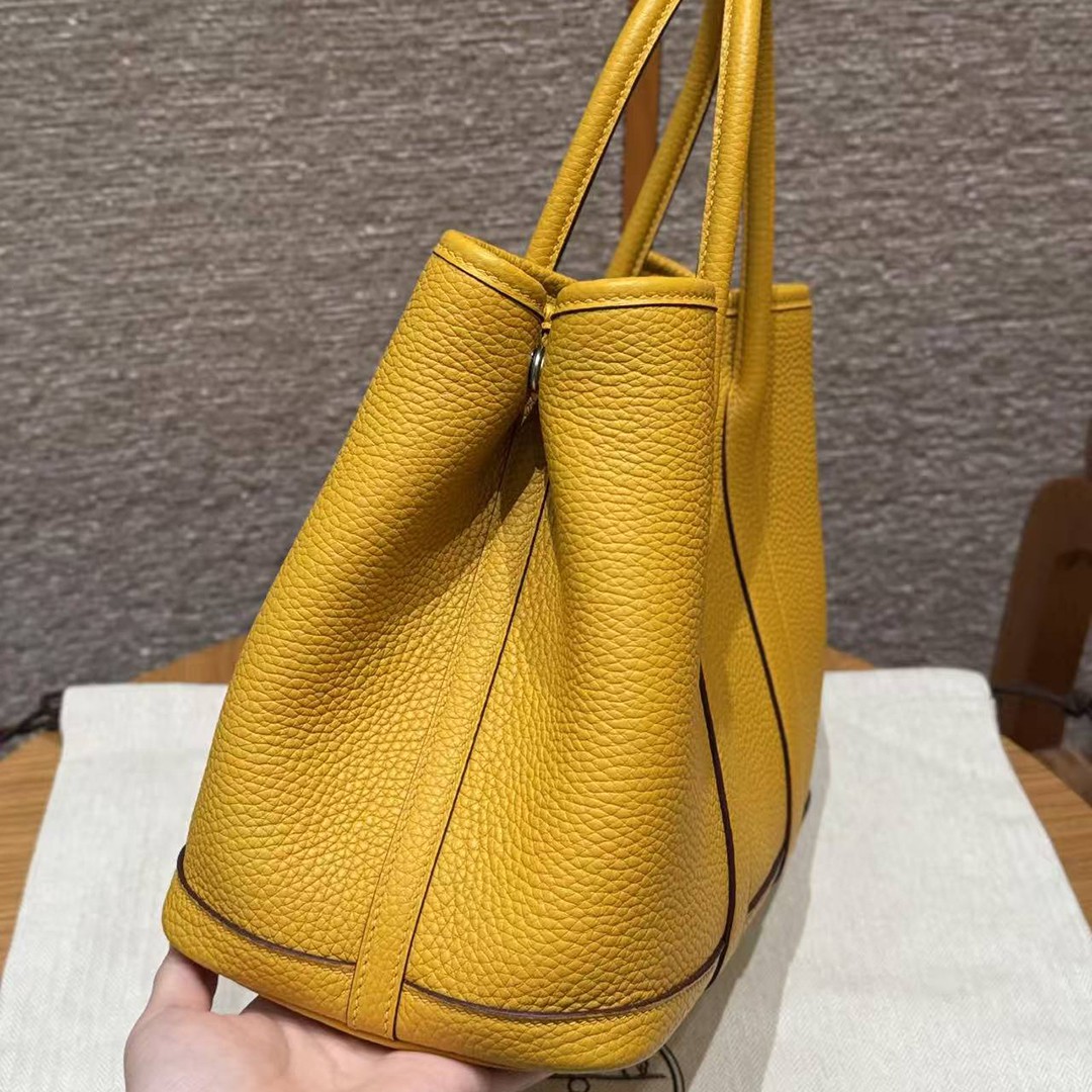 Hermes Garden Party 30 Bag Handmade In Negonda Calfskin Leather Silver Hardware 9D Jaune - Image 19