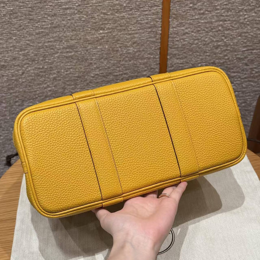 Hermes Garden Party 30 Bag Handmade In Negonda Calfskin Leather Silver Hardware 9D Jaune - Image 18
