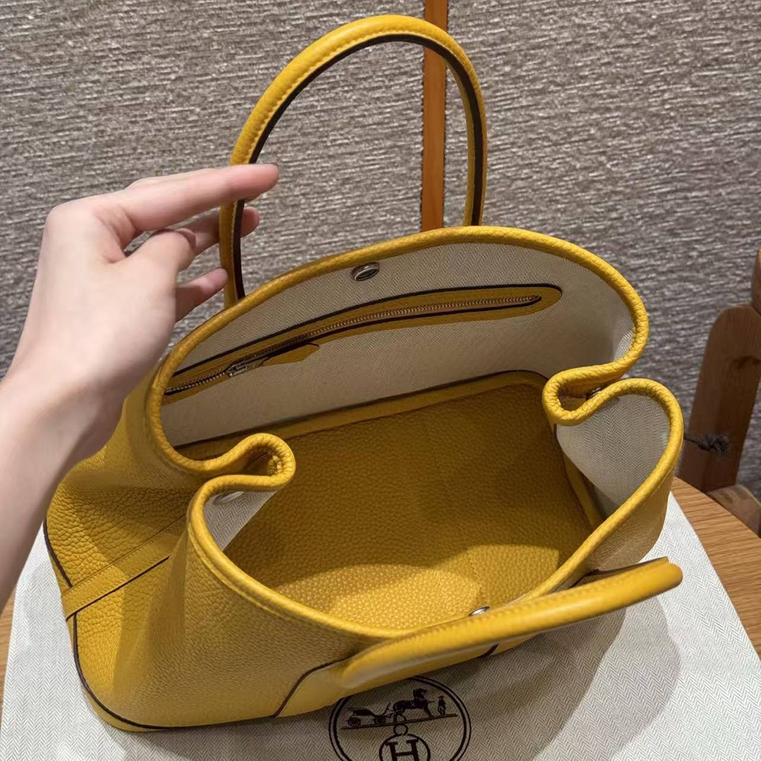 Hermes Garden Party 30 Bag Handmade In Negonda Calfskin Leather Silver Hardware 9D Jaune - Image 17