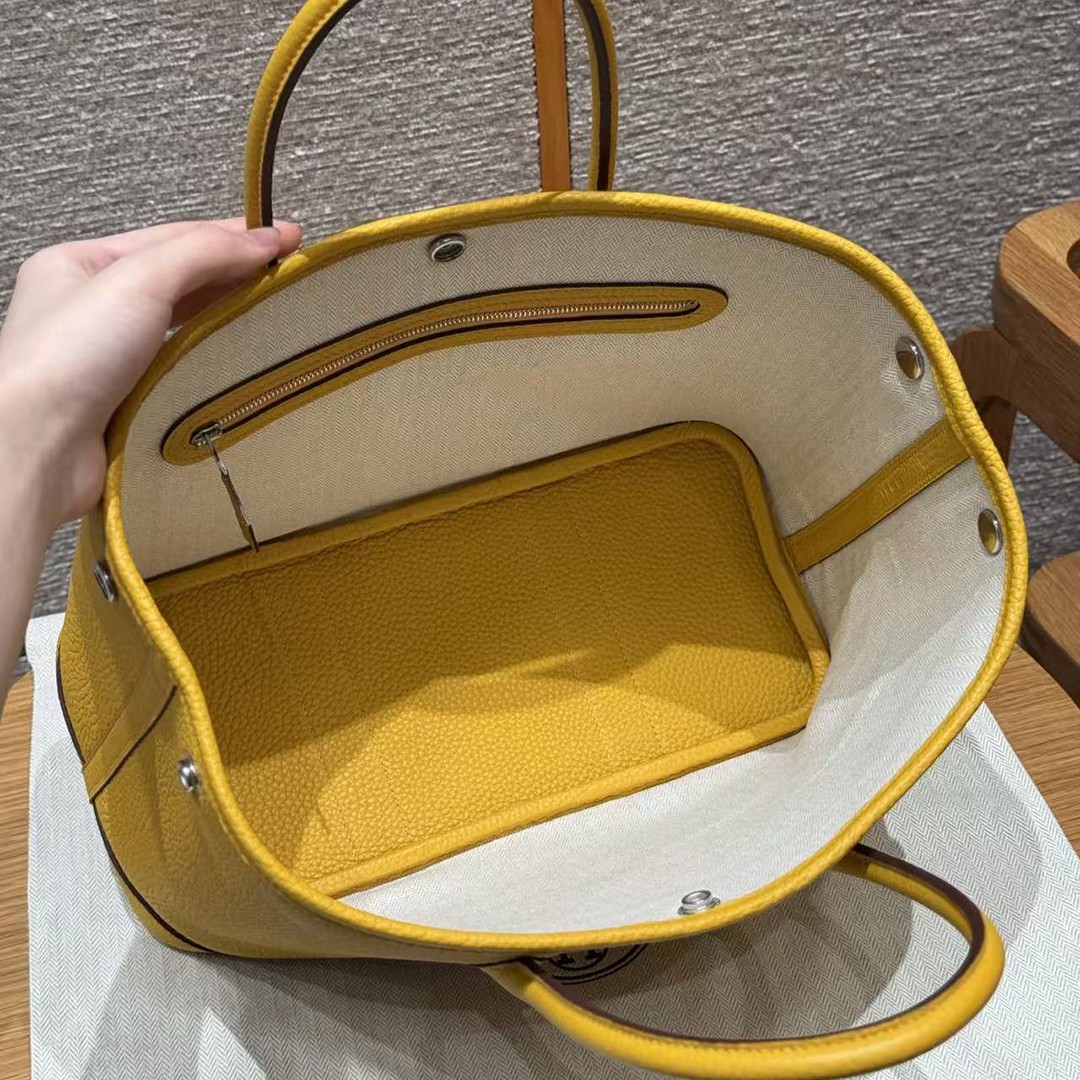 Hermes Garden Party 30 Bag Handmade In Negonda Calfskin Leather Silver Hardware 9D Jaune - Image 16