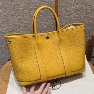 Hermes Garden Party 30 Bag Handmade In Negonda Calfskin Leather Silver Hardware 9D Jaune - Image 14