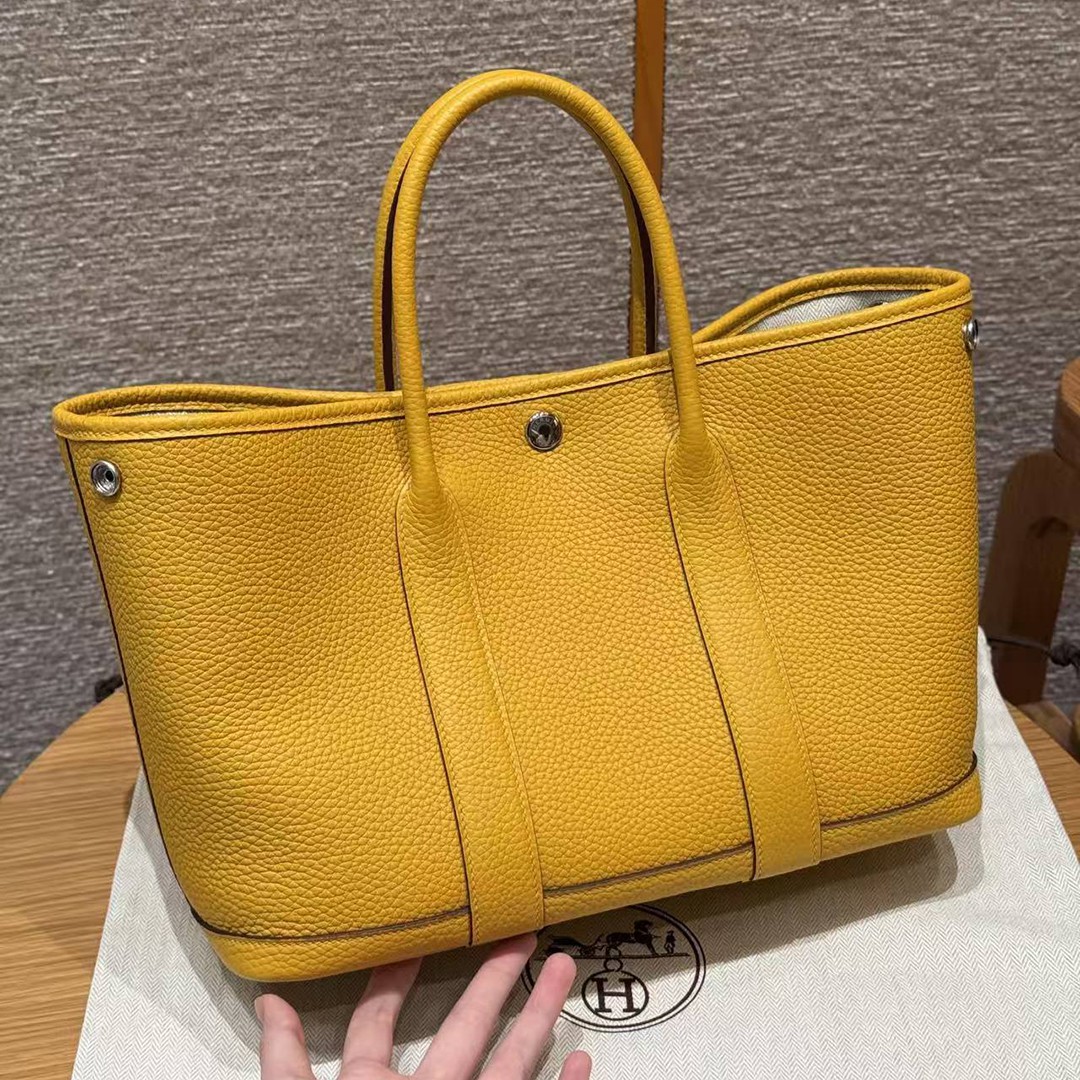 Hermes Garden Party 30 Bag Handmade In Negonda Calfskin Leather Silver Hardware 9D Jaune - Image 14