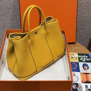 Hermes Garden Party 30 Bag Handmade In Negonda Calfskin Leather Silver Hardware 9D Jaune - Image 13