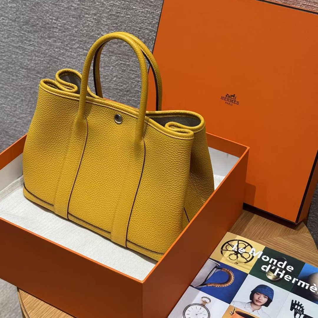 Hermes Garden Party 30 Bag Handmade In Negonda Calfskin Leather Silver Hardware 9D Jaune - Image 12