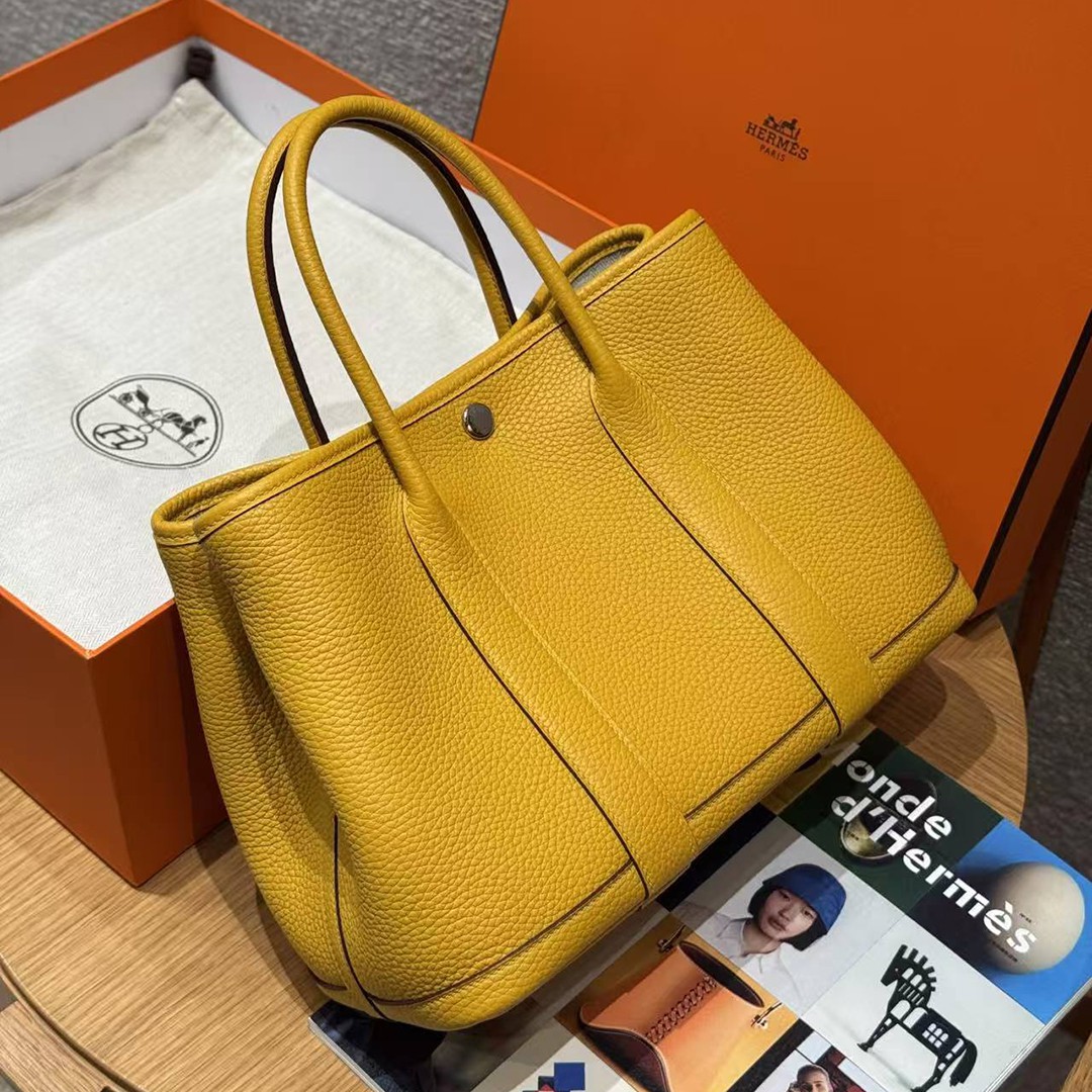 Hermes Garden Party 30 Bag Handmade In Negonda Calfskin Leather Silver Hardware 9D Jaune - Image 11