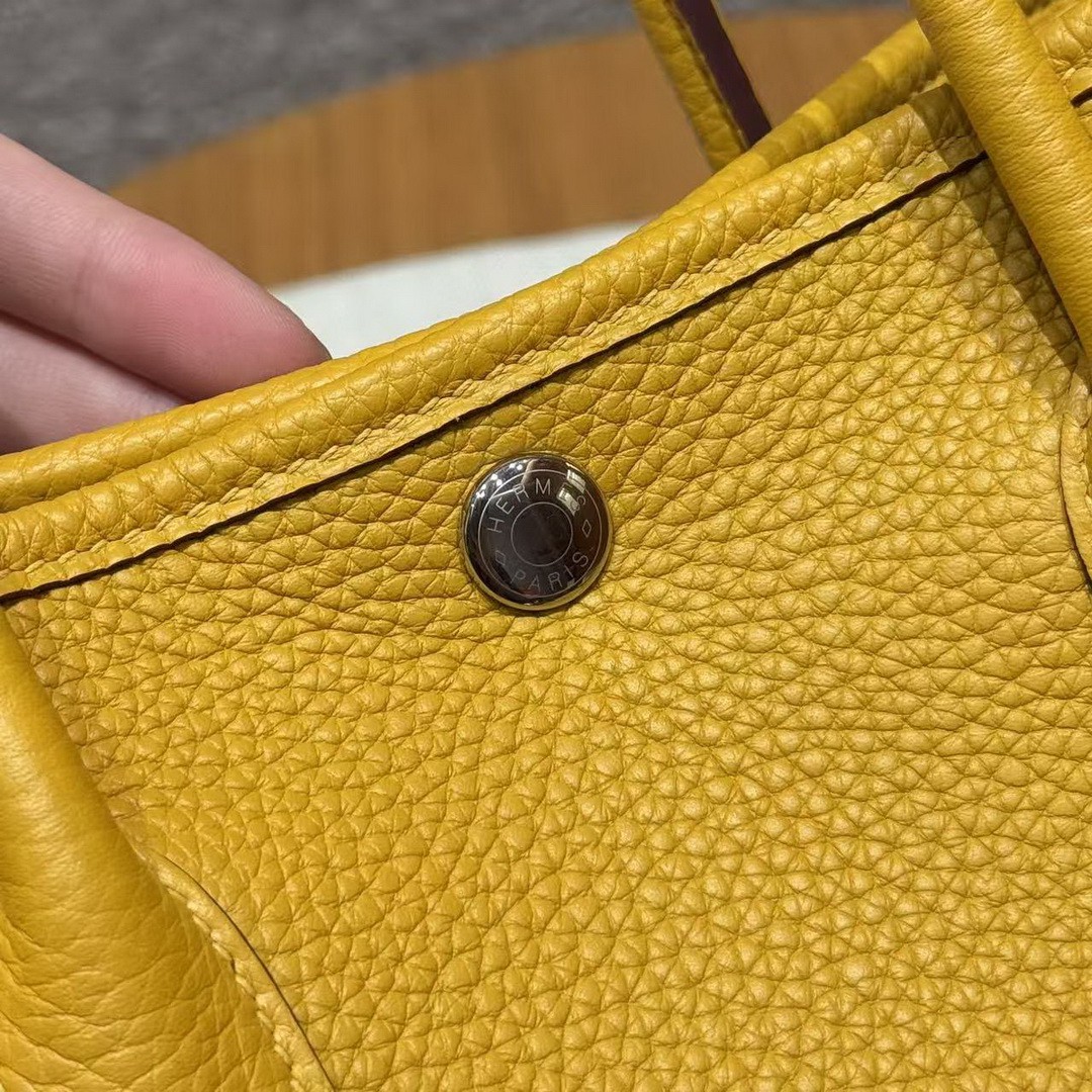 Hermes Garden Party 30 Bag Handmade In Negonda Calfskin Leather Silver Hardware 9D Jaune - Image 7