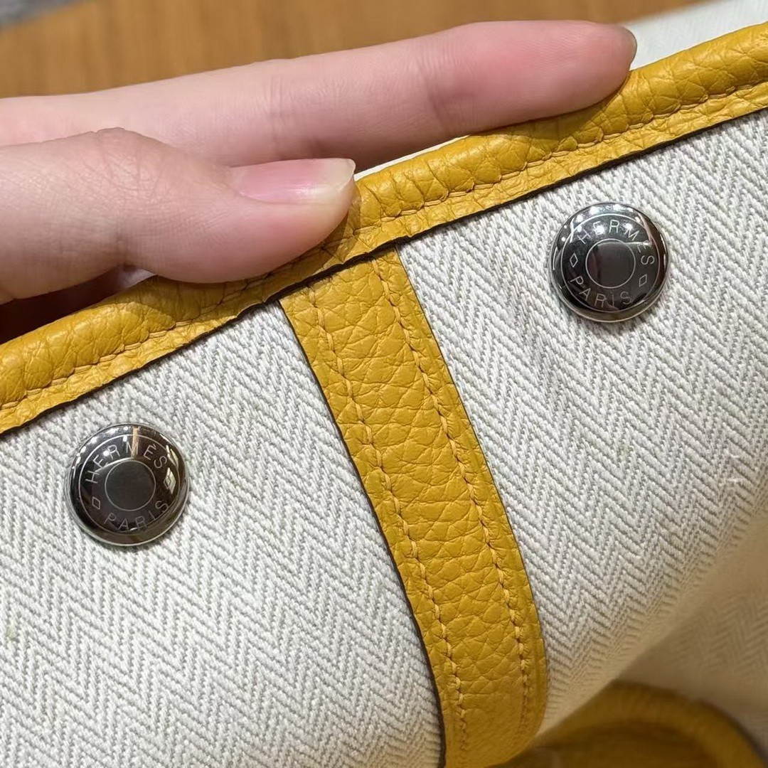 Hermes Garden Party 30 Bag Handmade In Negonda Calfskin Leather Silver Hardware 9D Jaune - Image 3