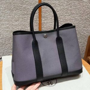 Hermes Garden Party 30 Bag Handmade In Negonda Calfskin Leather And Canvas Silver Hardware Ardoise Nior