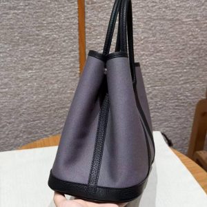 Hermes Garden Party 30 Bag Handmade In Negonda Calfskin Leather And Canvas Silver Hardware Ardoise Nior - Image 2
