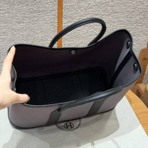 Hermes Garden Party 30 Bag Handmade In Negonda Calfskin Leather And Canvas Silver Hardware Ardoise Nior - Image 12